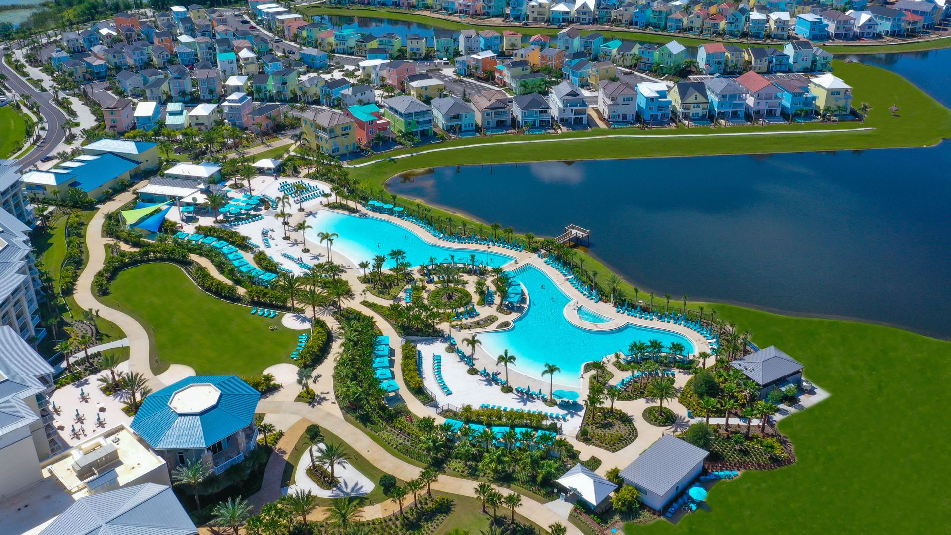 Aerial view of Margaritaville Resort Orlando hotel and cottages.