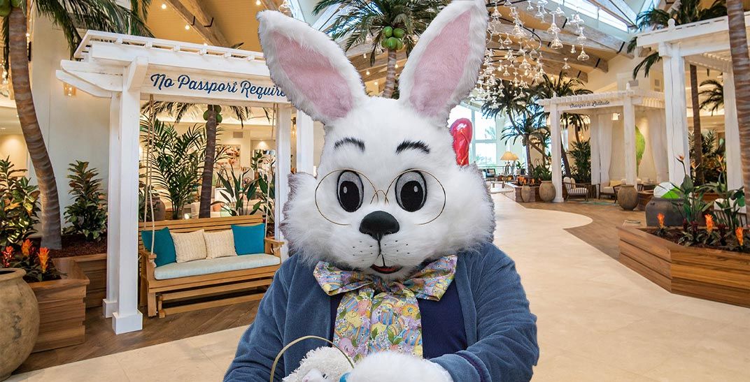 The Easter Bunny in the Margaritaville Resort Orlando lobby.