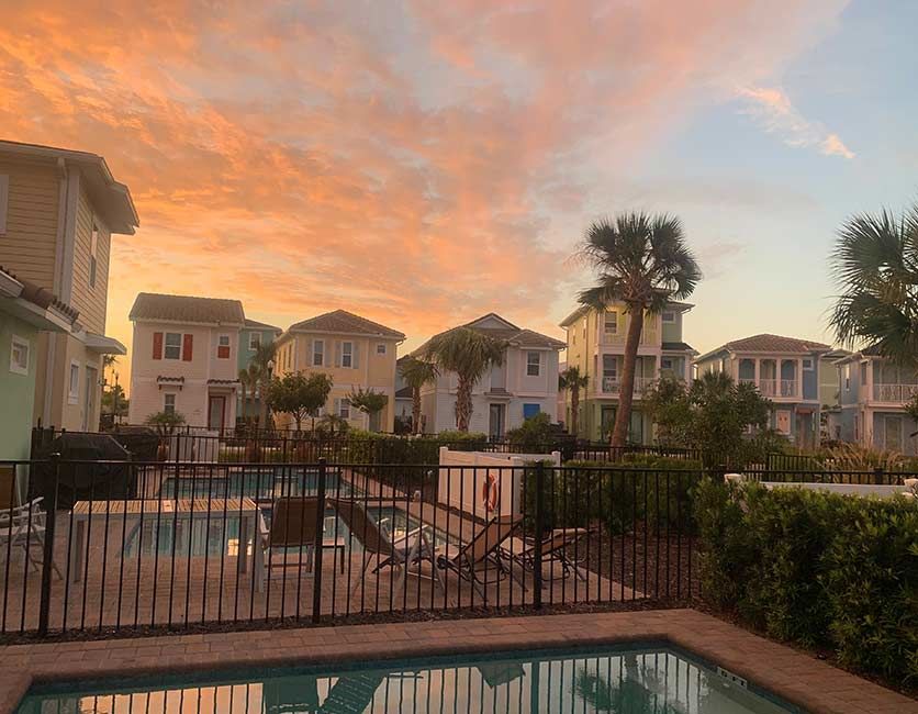 View of the Cottages at Margaritaville Resort Orlando at sunset