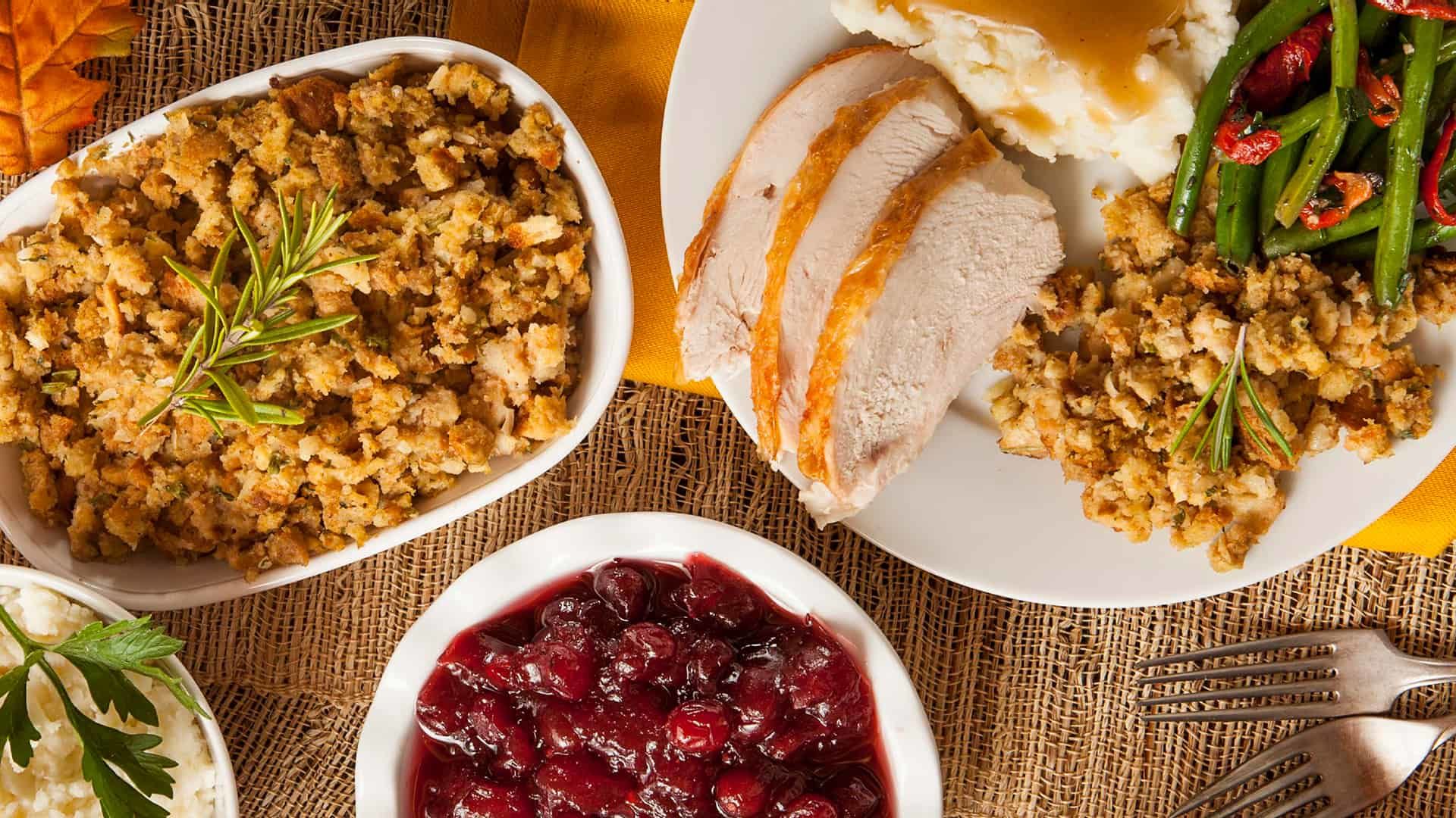 Spread of turkey, stuffing, and cranberry sauce for Thanksgiving