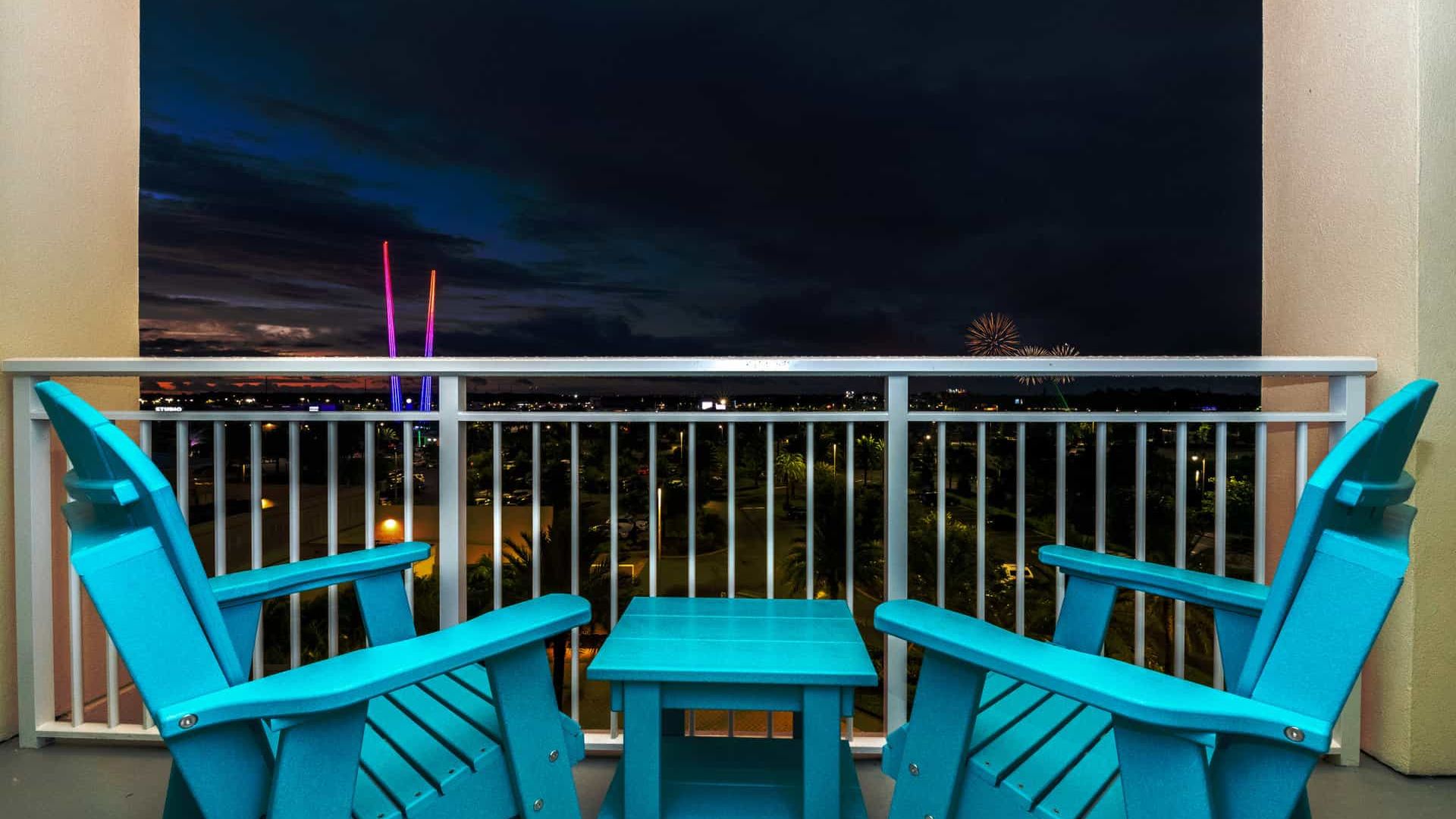 King Park View room balcony overlooking Orlando attractions area at night