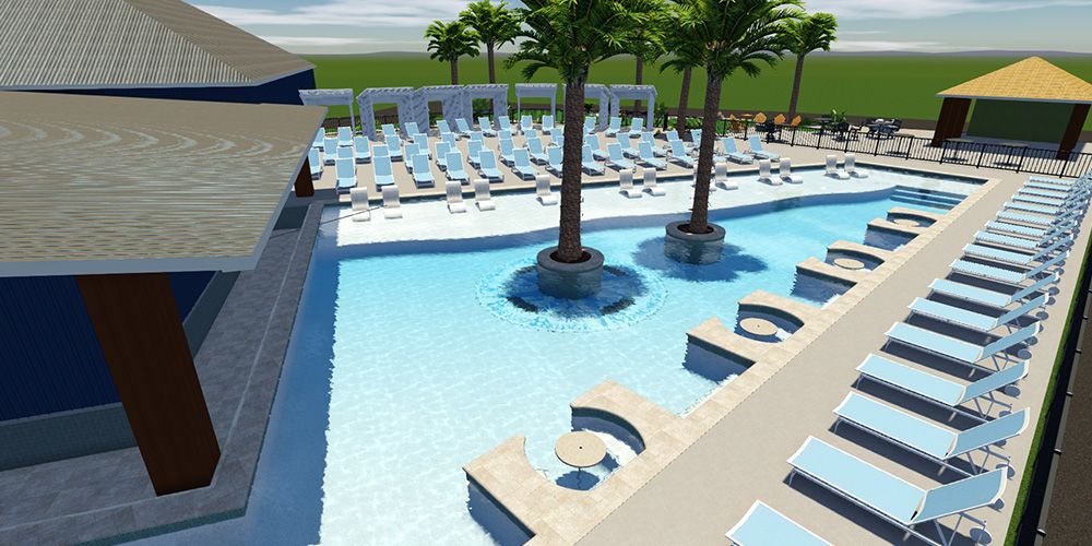 A Pool With Chairs And Trees