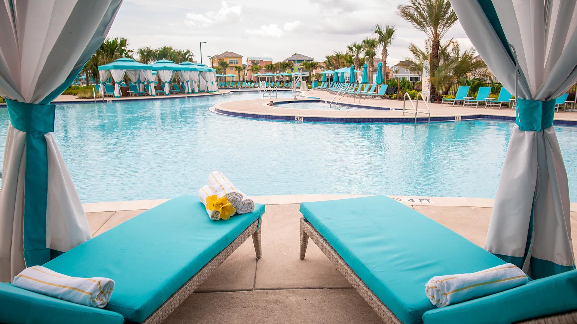 Empty cabana by the Margaritaville Resort Orlando pool.