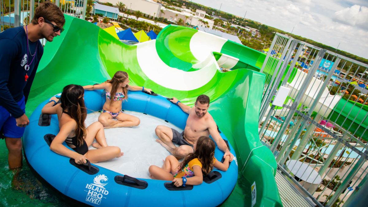 Group of people about to ride a water slide at Island H2O Water Park.