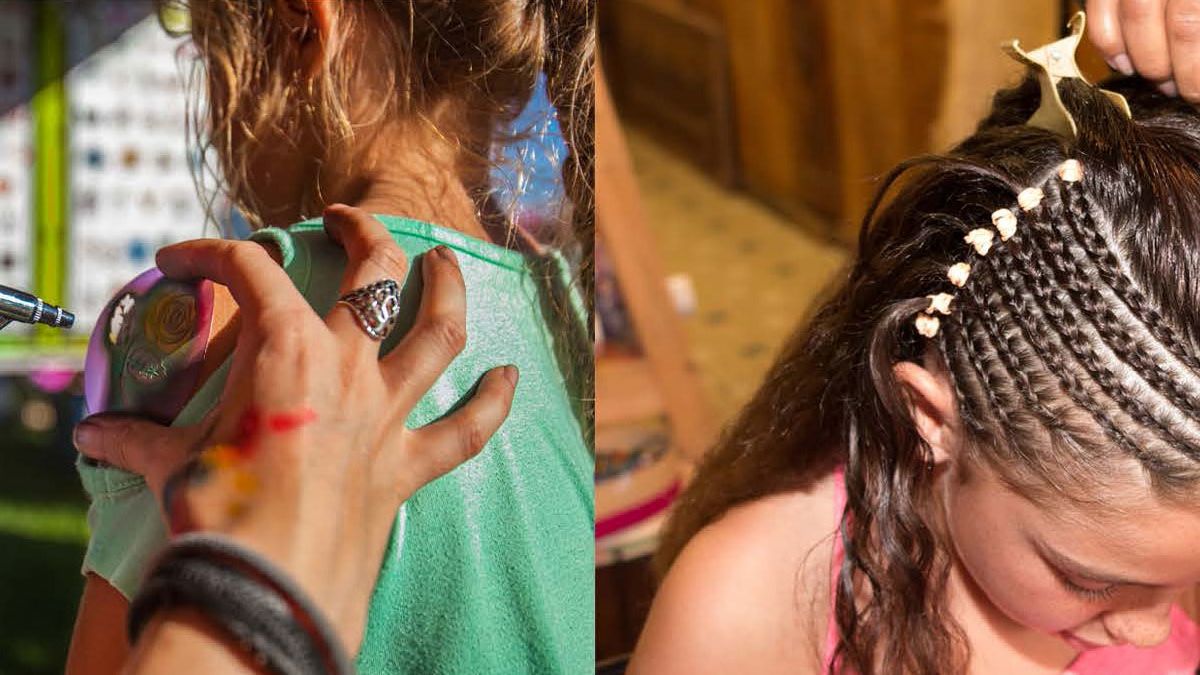 Girls getting hair braids and airbrush tattoos at Margaritaville Resort Orlando.