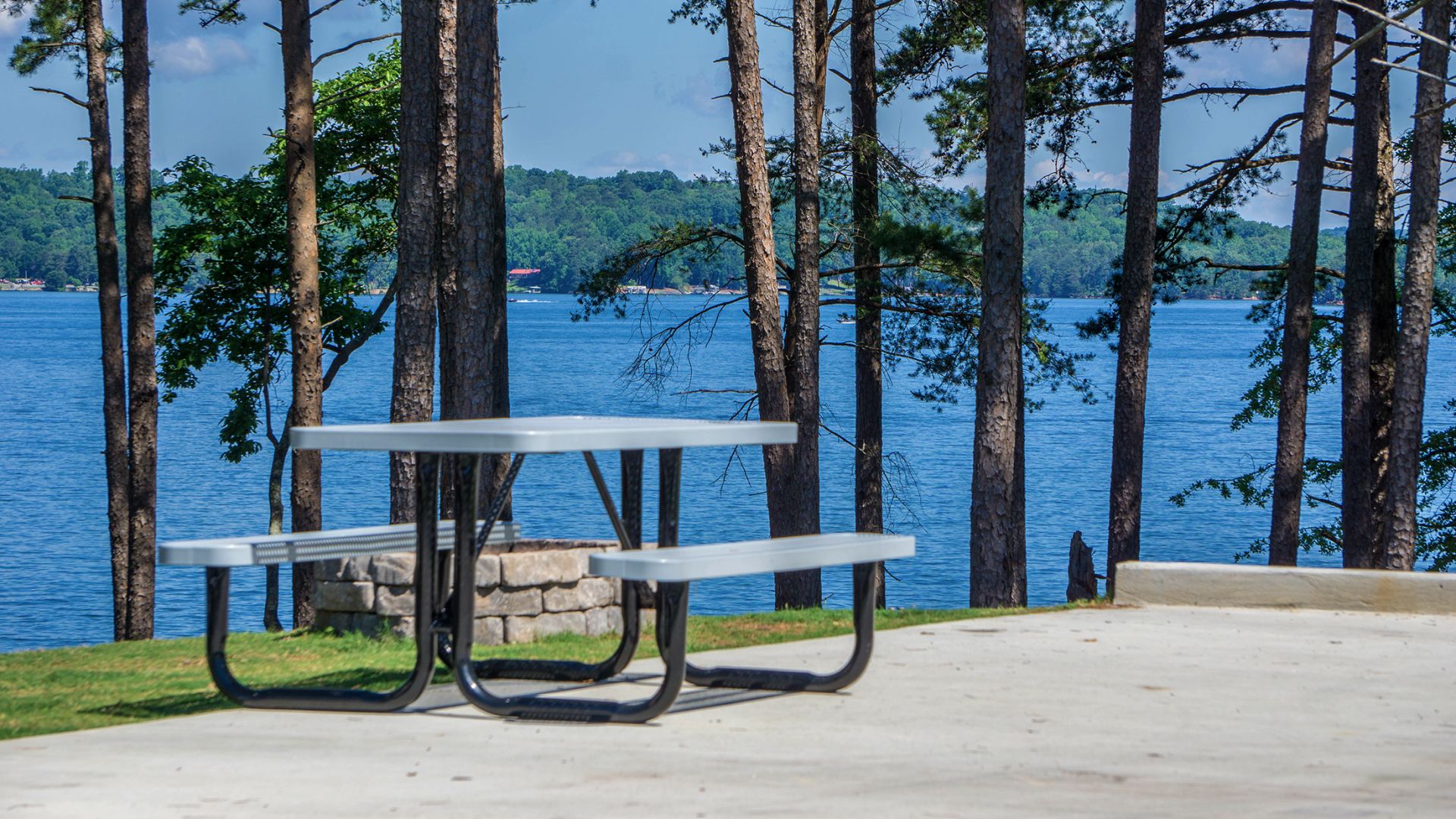 An Empty Park Bench Next To A Body Of Water