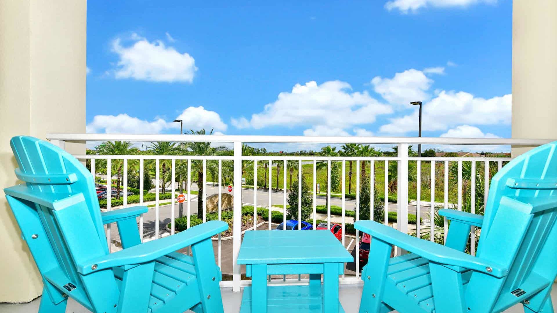 Balcony with sun loungers overlooking Margaritaville Resort Orlando property