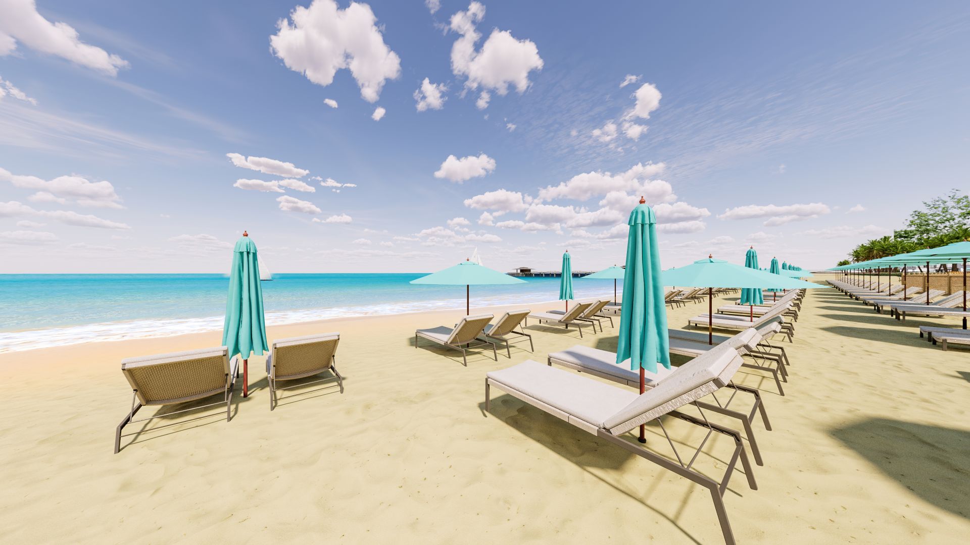 A Beach With Chairs And Umbrellas